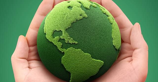 Hands holding a globe covered in green grass, symbolising sustainability